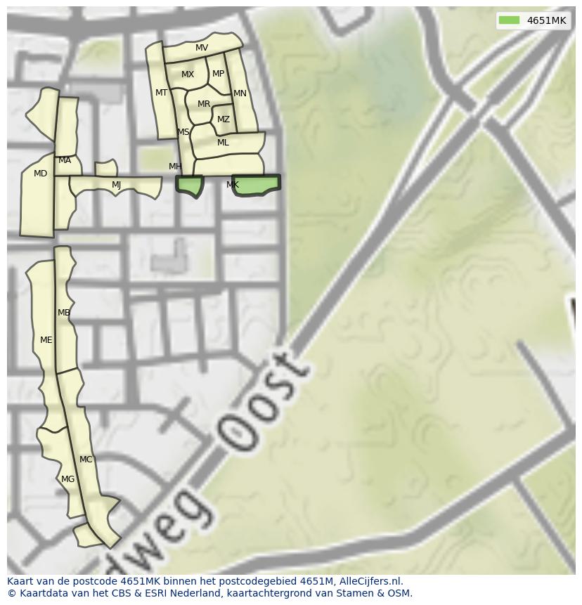 Afbeelding van het postcodegebied 4651 MK op de kaart.