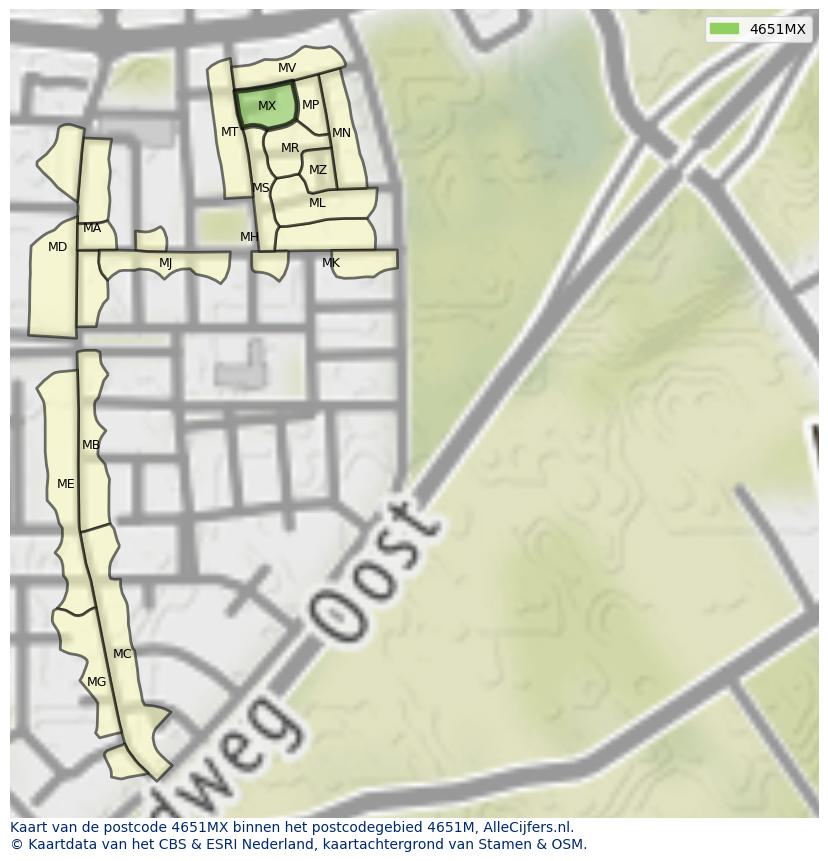 Afbeelding van het postcodegebied 4651 MX op de kaart.