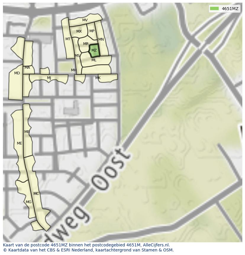 Afbeelding van het postcodegebied 4651 MZ op de kaart.