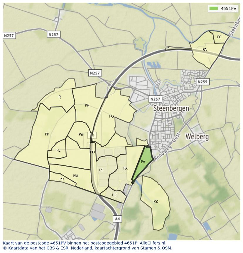 Afbeelding van het postcodegebied 4651 PV op de kaart.