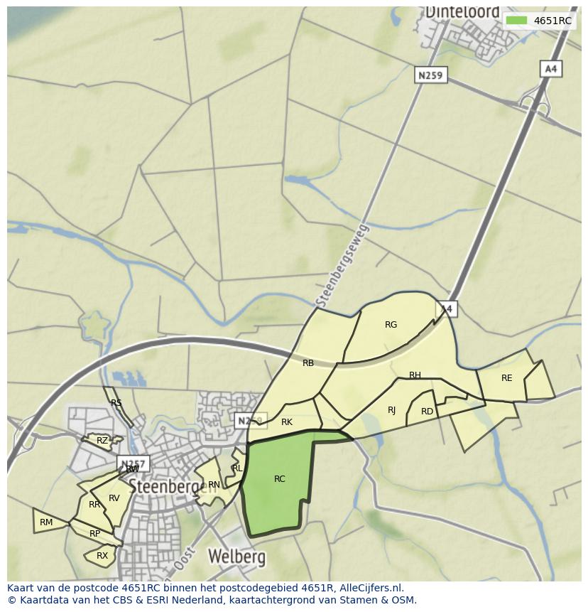 Afbeelding van het postcodegebied 4651 RC op de kaart.