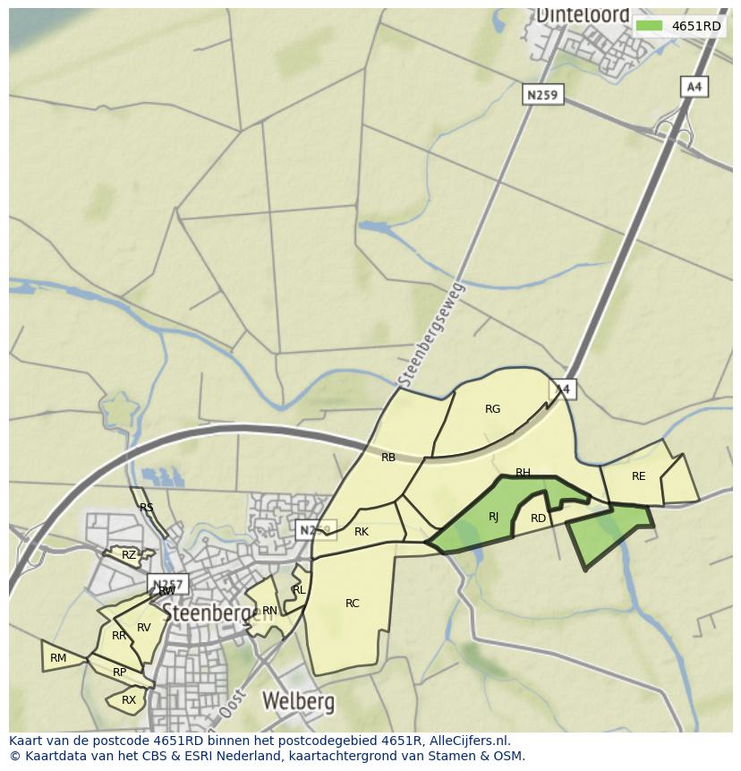 Afbeelding van het postcodegebied 4651 RD op de kaart.