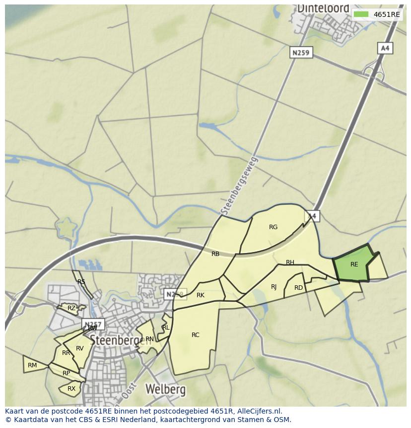 Afbeelding van het postcodegebied 4651 RE op de kaart.