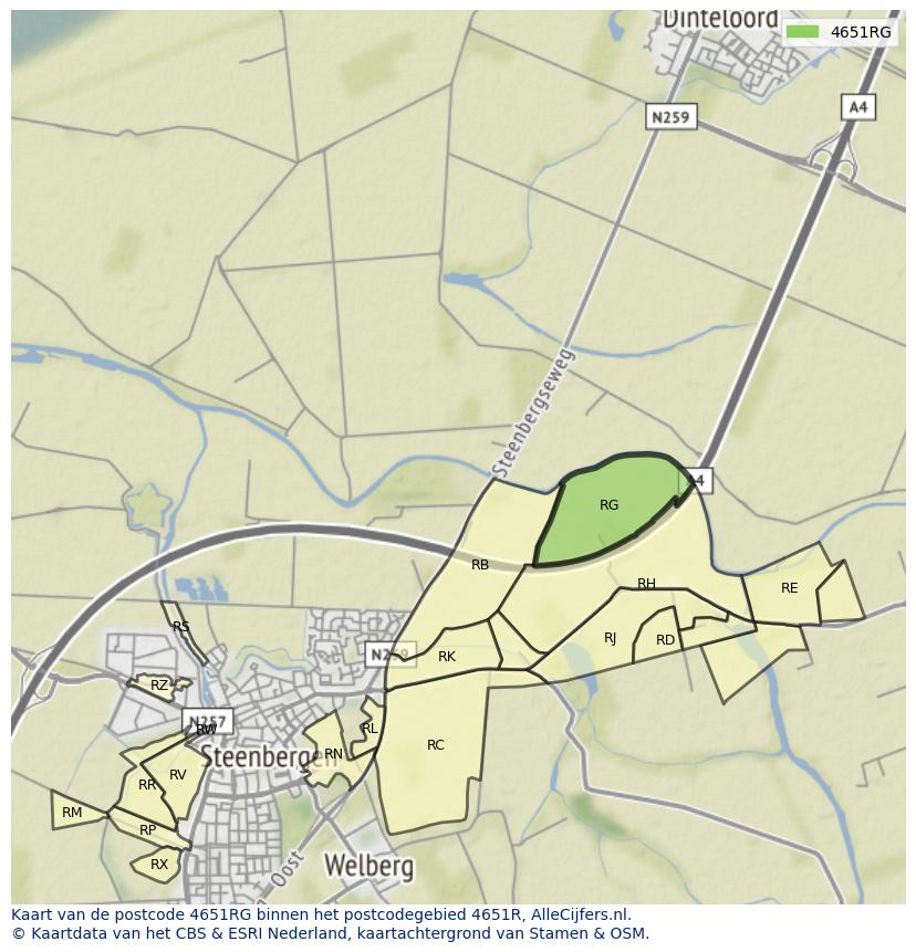 Afbeelding van het postcodegebied 4651 RG op de kaart.