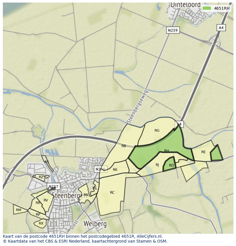 Afbeelding van het postcodegebied 4651 RH op de kaart.