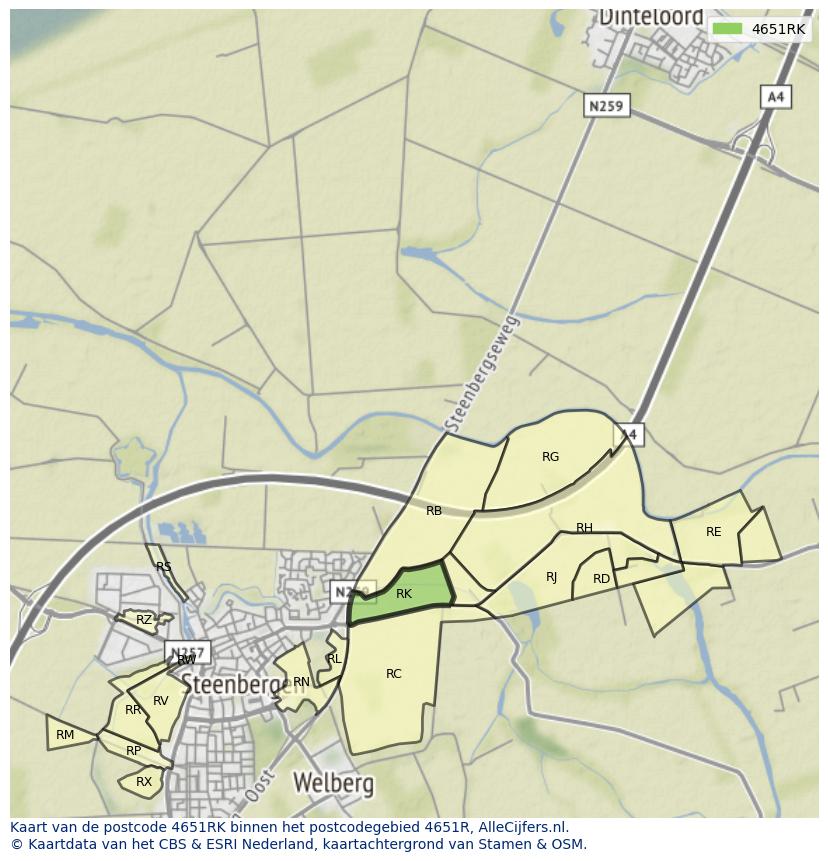 Afbeelding van het postcodegebied 4651 RK op de kaart.