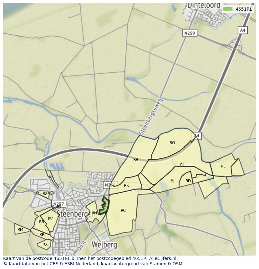 Afbeelding van het postcodegebied 4651 RL op de kaart.