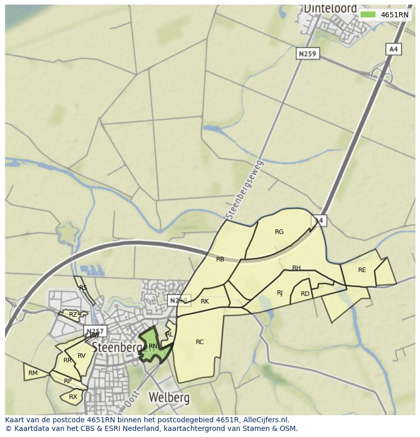 Afbeelding van het postcodegebied 4651 RN op de kaart.