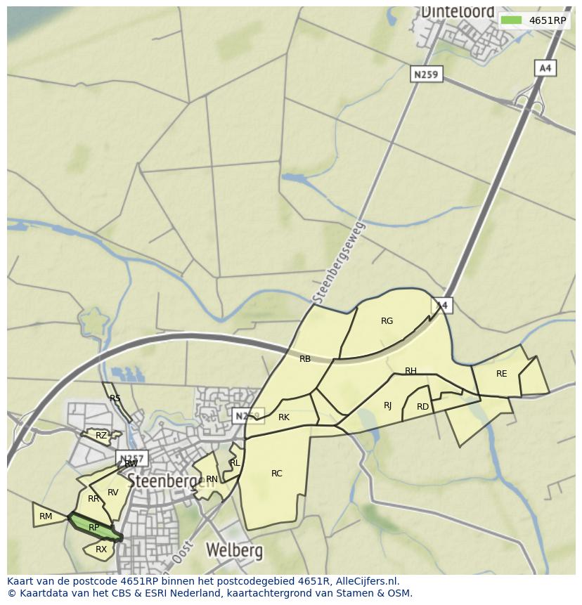 Afbeelding van het postcodegebied 4651 RP op de kaart.