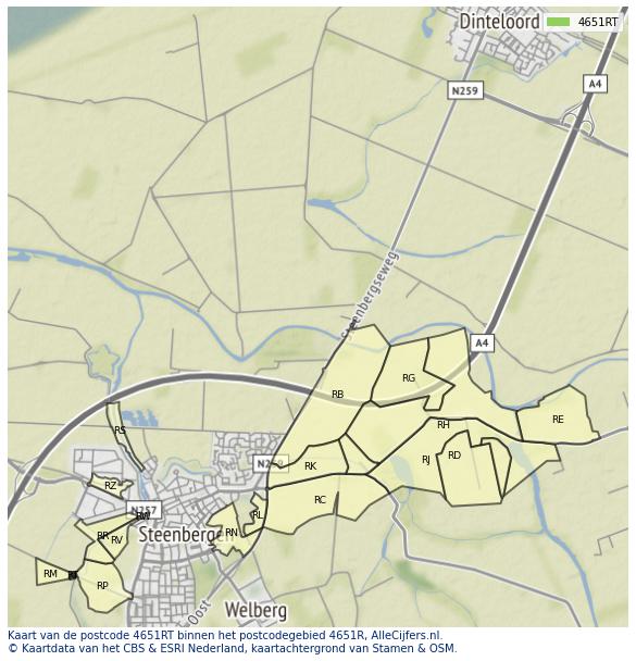 Afbeelding van het postcodegebied 4651 RT op de kaart.