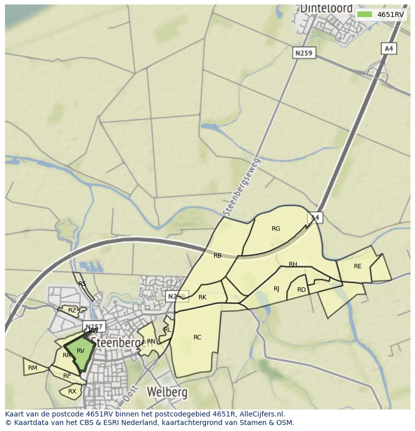 Afbeelding van het postcodegebied 4651 RV op de kaart.