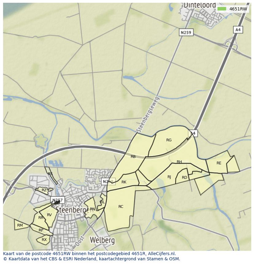 Afbeelding van het postcodegebied 4651 RW op de kaart.