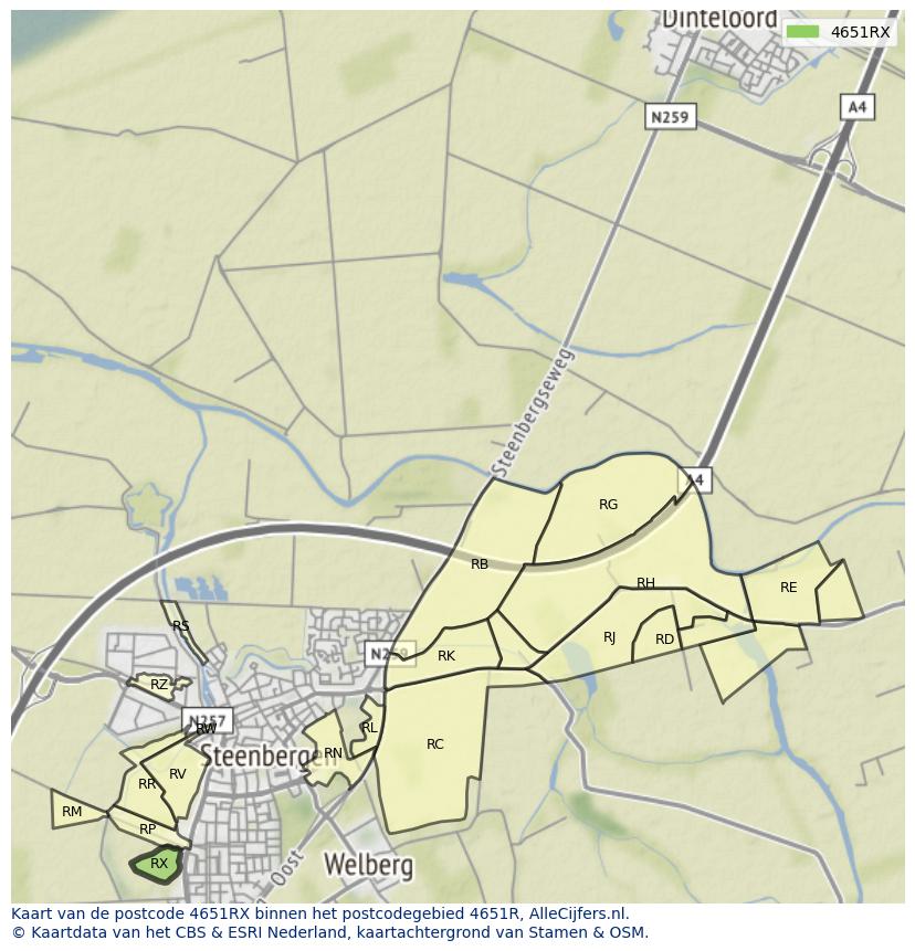 Afbeelding van het postcodegebied 4651 RX op de kaart.