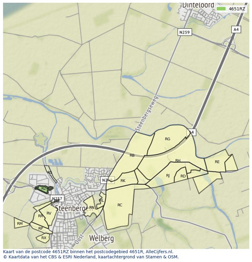 Afbeelding van het postcodegebied 4651 RZ op de kaart.