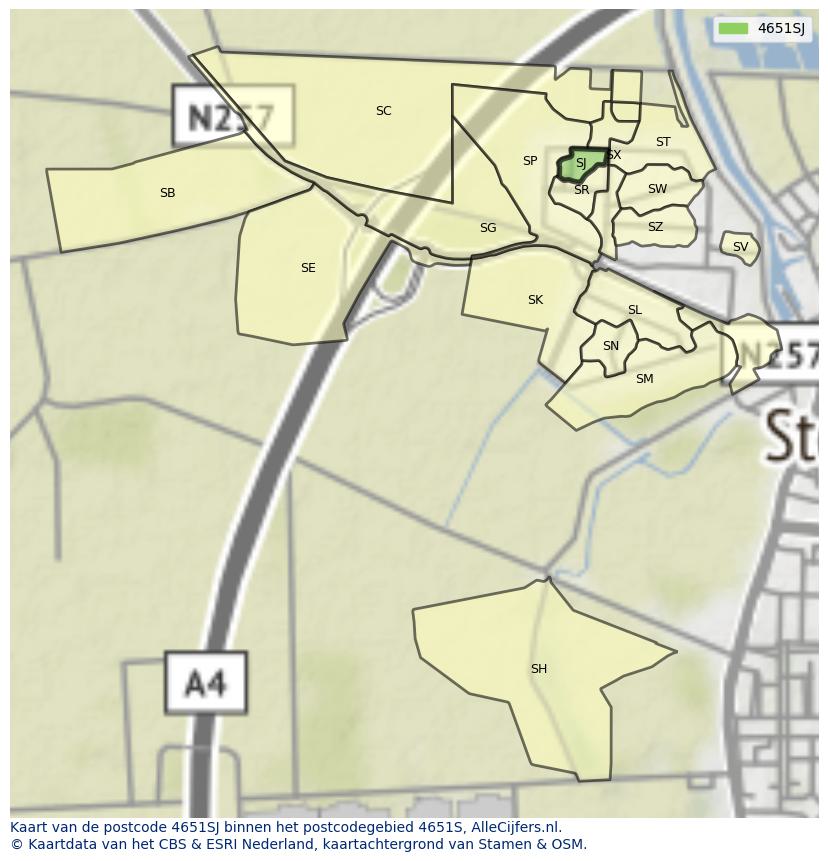 Afbeelding van het postcodegebied 4651 SJ op de kaart.