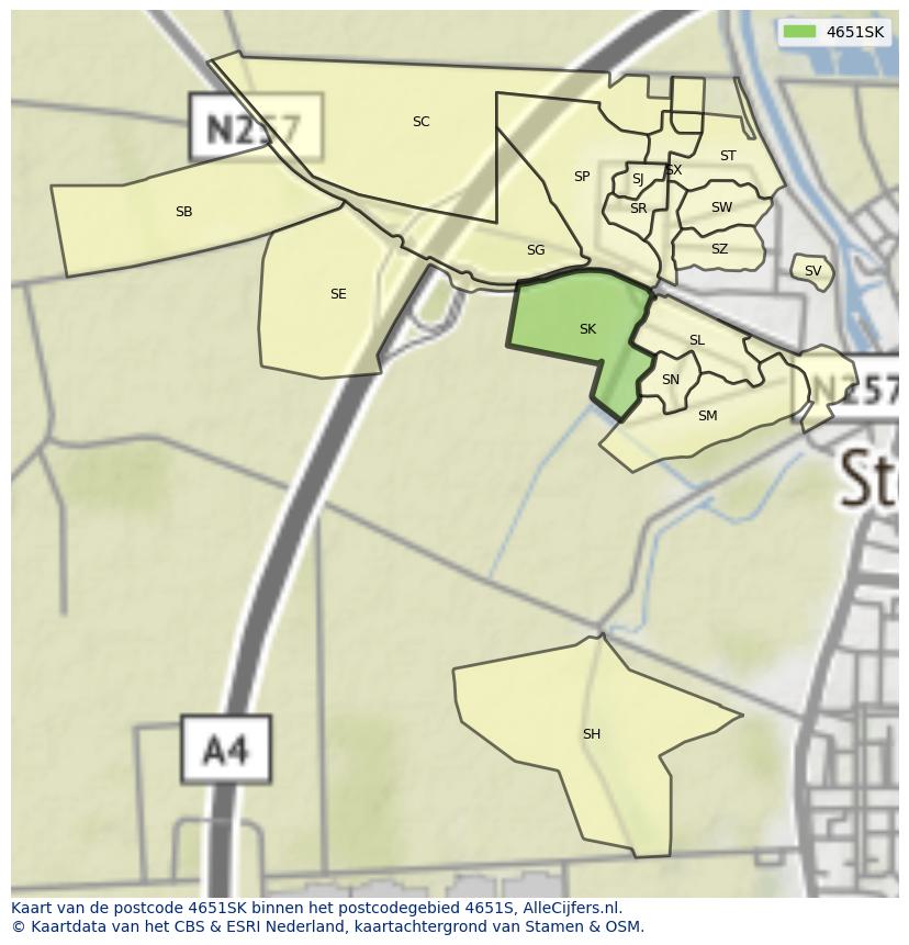 Afbeelding van het postcodegebied 4651 SK op de kaart.
