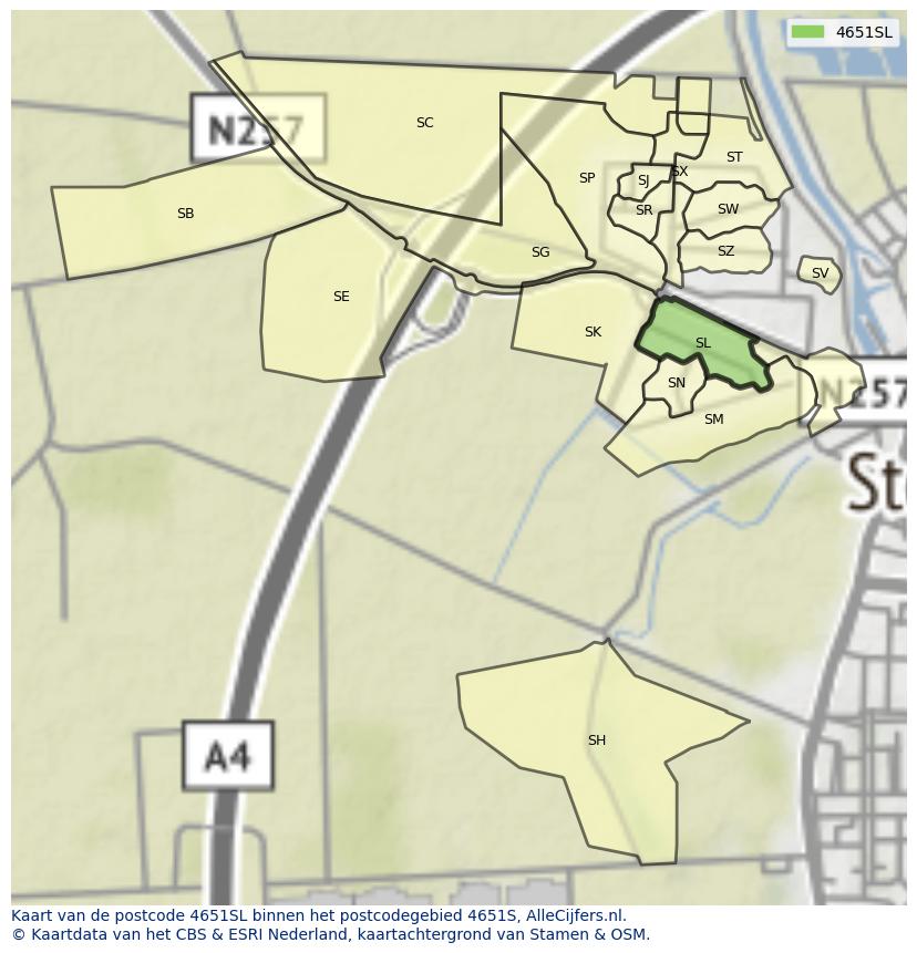 Afbeelding van het postcodegebied 4651 SL op de kaart.