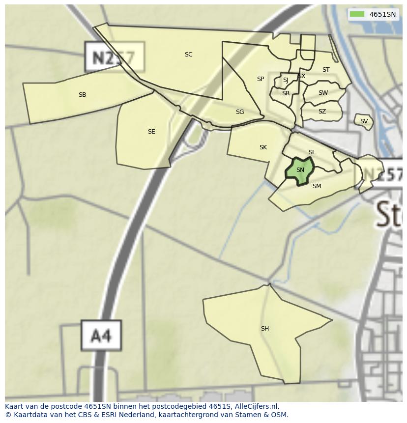 Afbeelding van het postcodegebied 4651 SN op de kaart.