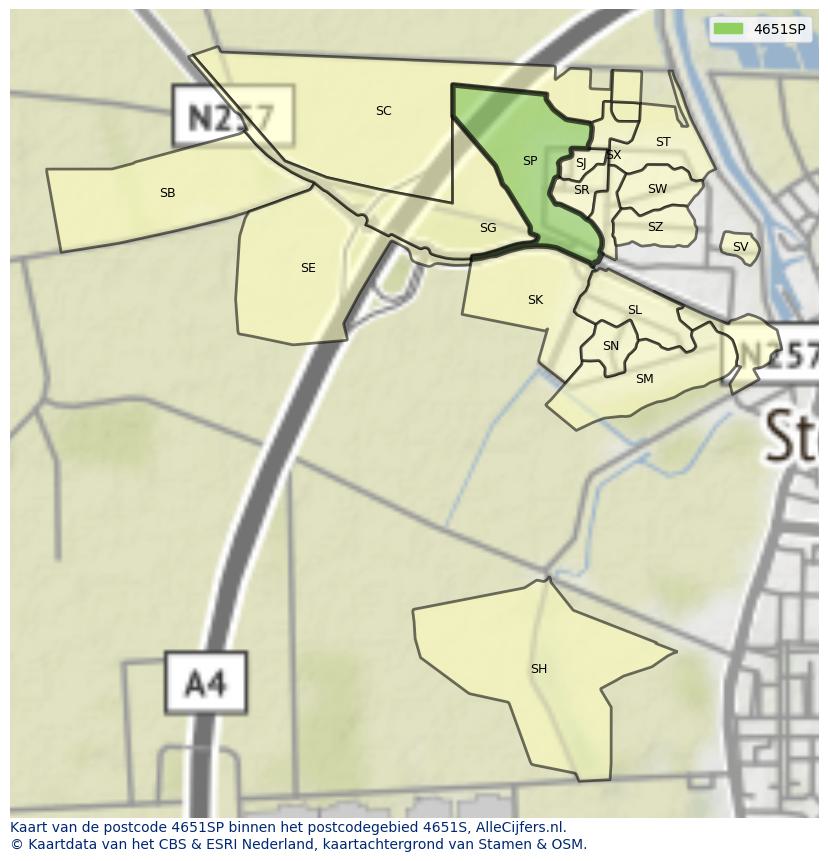 Afbeelding van het postcodegebied 4651 SP op de kaart.