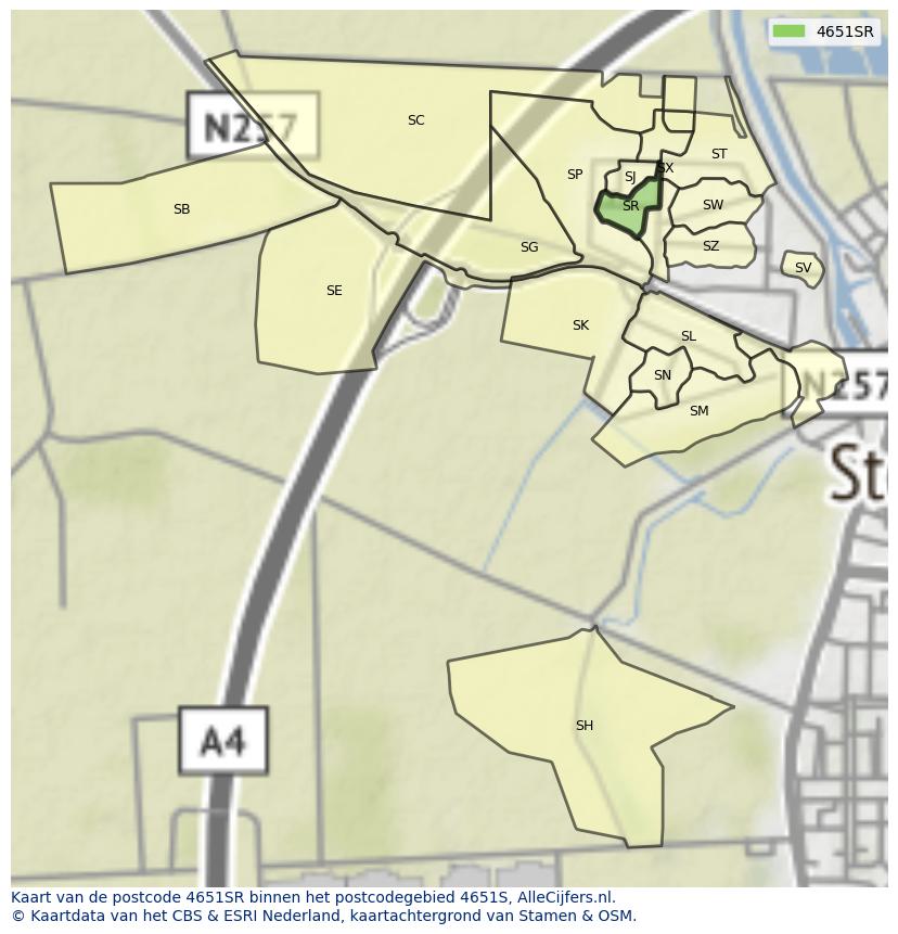Afbeelding van het postcodegebied 4651 SR op de kaart.