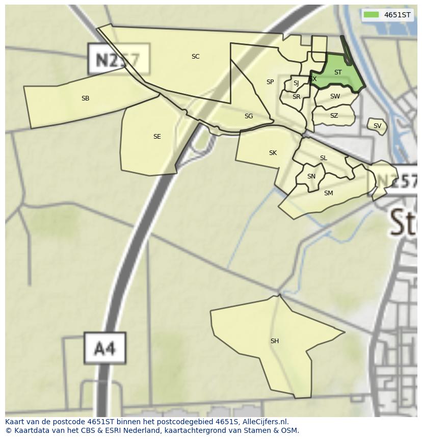 Afbeelding van het postcodegebied 4651 ST op de kaart.