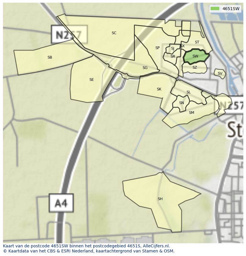 Afbeelding van het postcodegebied 4651 SW op de kaart.