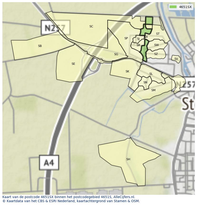 Afbeelding van het postcodegebied 4651 SX op de kaart.