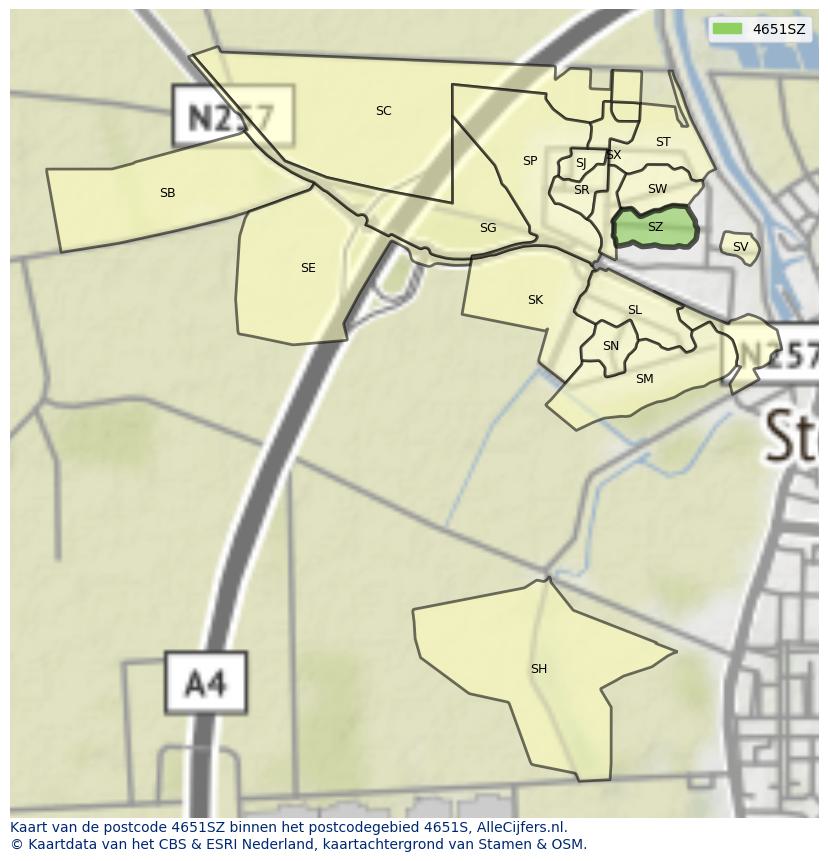 Afbeelding van het postcodegebied 4651 SZ op de kaart.