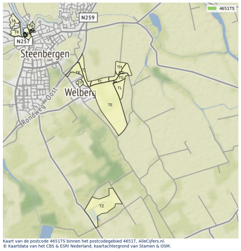 Afbeelding van het postcodegebied 4651 TS op de kaart.