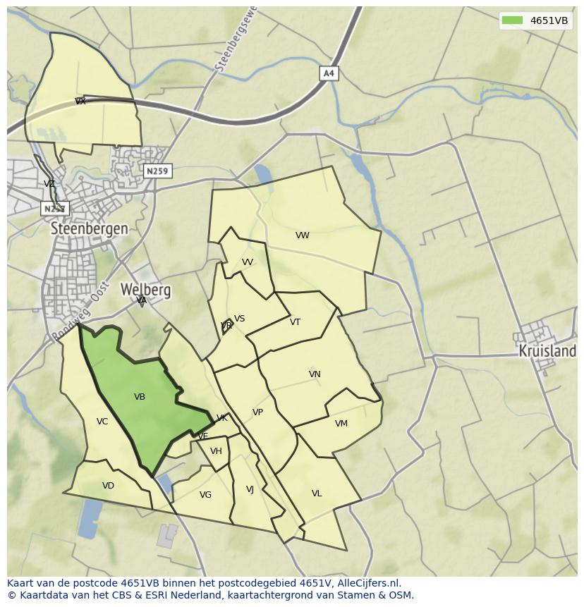 Afbeelding van het postcodegebied 4651 VB op de kaart.