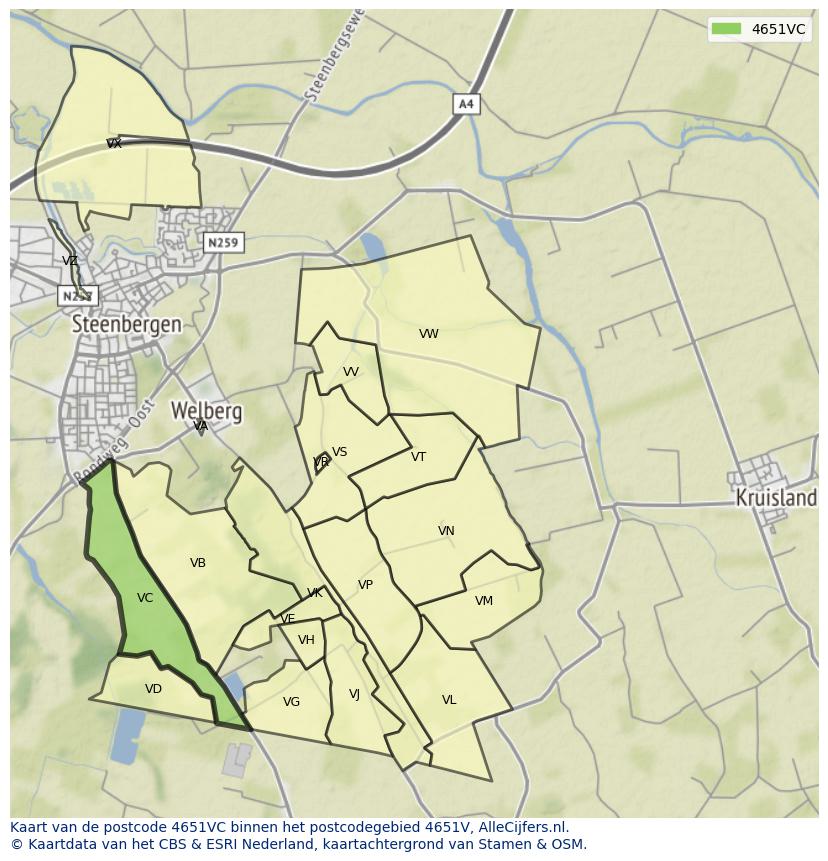 Afbeelding van het postcodegebied 4651 VC op de kaart.