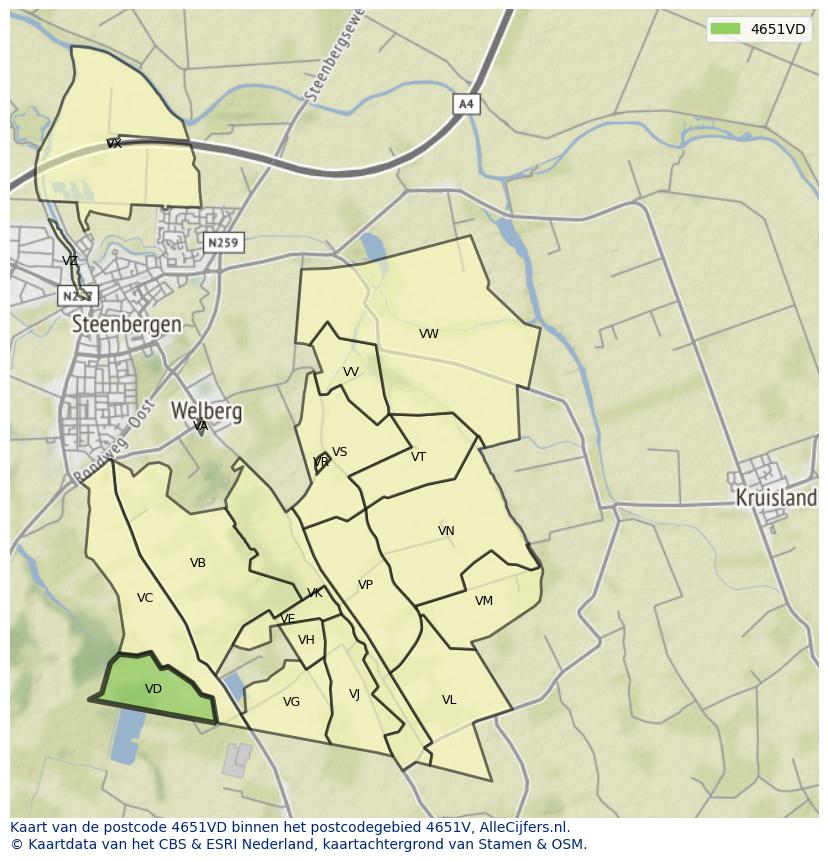 Afbeelding van het postcodegebied 4651 VD op de kaart.