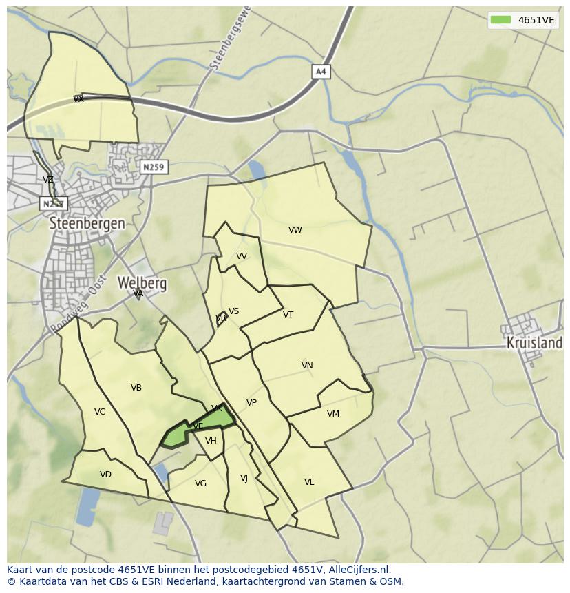 Afbeelding van het postcodegebied 4651 VE op de kaart.
