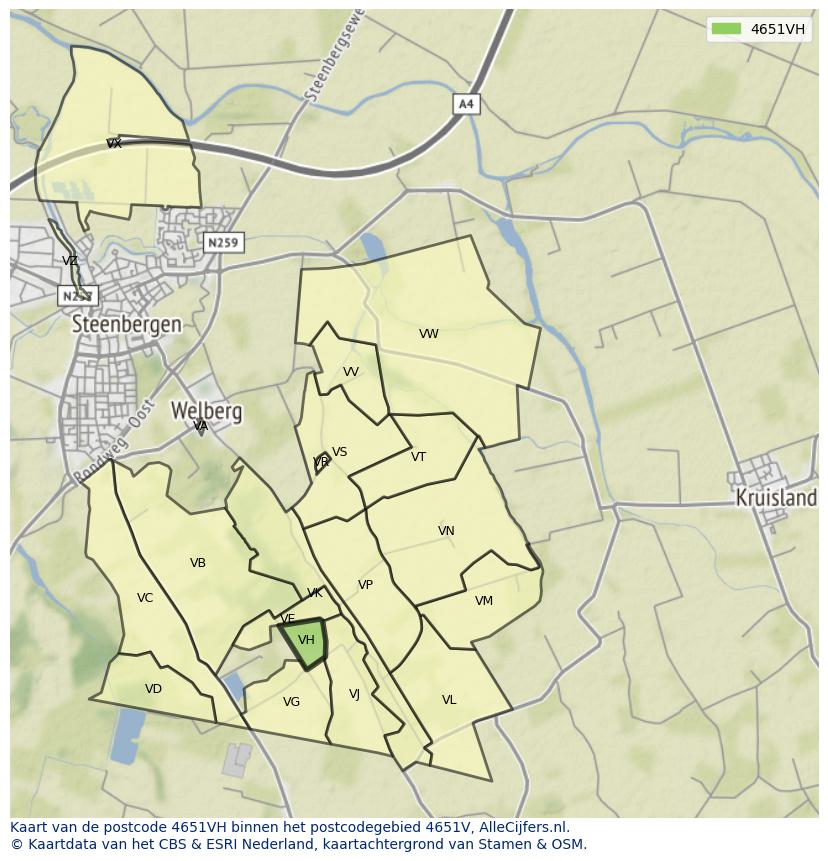 Afbeelding van het postcodegebied 4651 VH op de kaart.