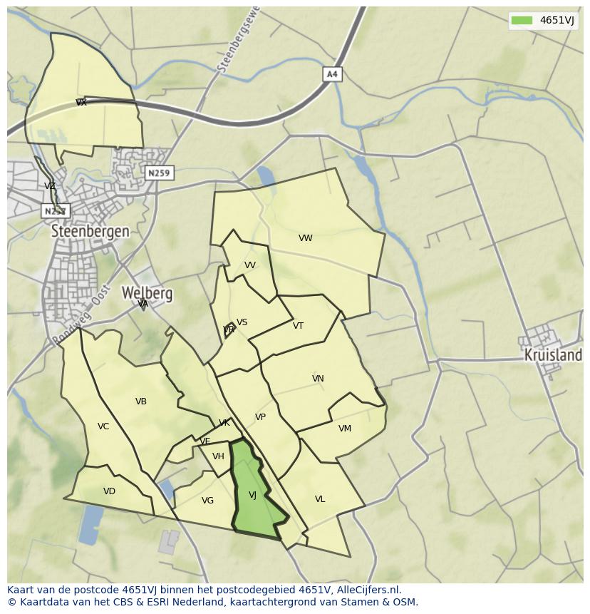 Afbeelding van het postcodegebied 4651 VJ op de kaart.