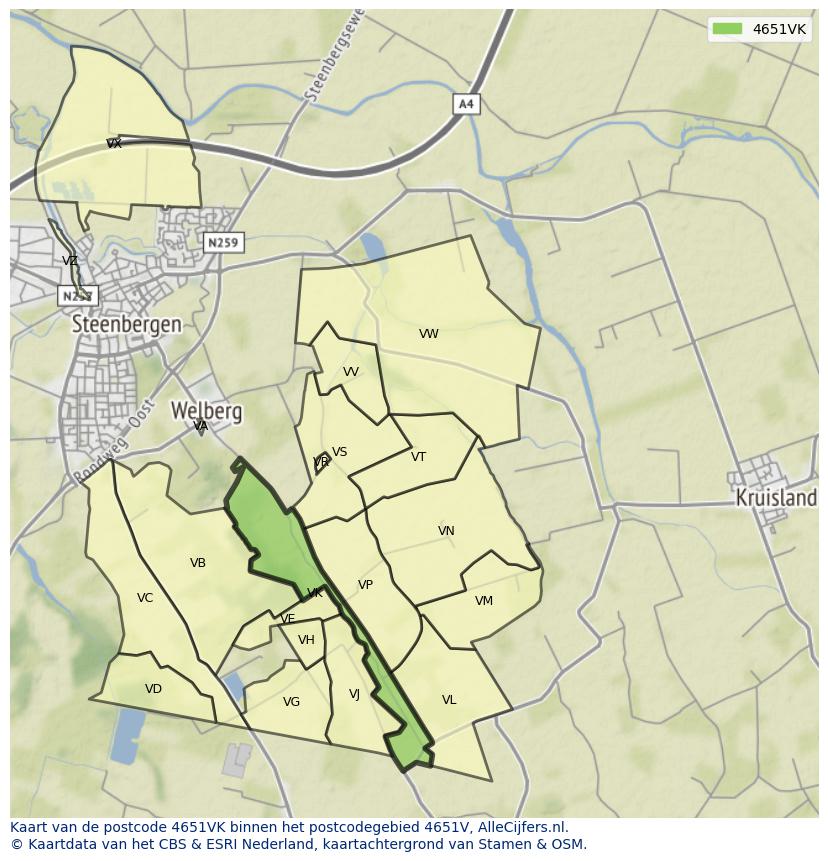 Afbeelding van het postcodegebied 4651 VK op de kaart.