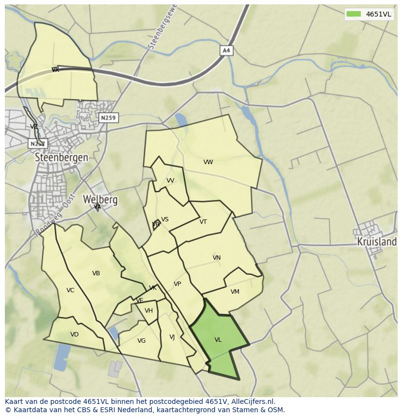 Afbeelding van het postcodegebied 4651 VL op de kaart.