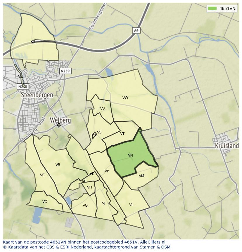 Afbeelding van het postcodegebied 4651 VN op de kaart.