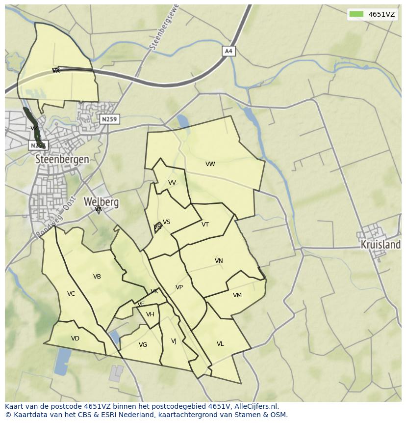 Afbeelding van het postcodegebied 4651 VZ op de kaart.