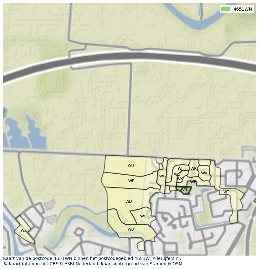 Afbeelding van het postcodegebied 4651 WN op de kaart.