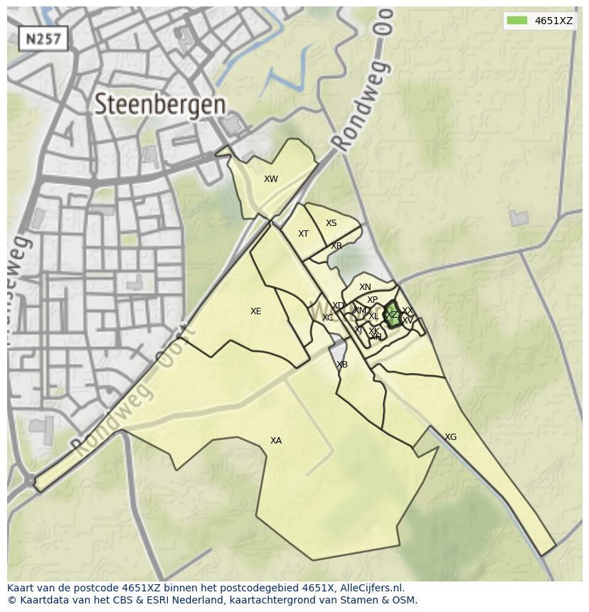 Afbeelding van het postcodegebied 4651 XZ op de kaart.
