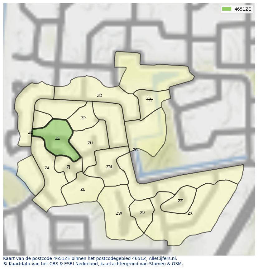 Afbeelding van het postcodegebied 4651 ZE op de kaart.