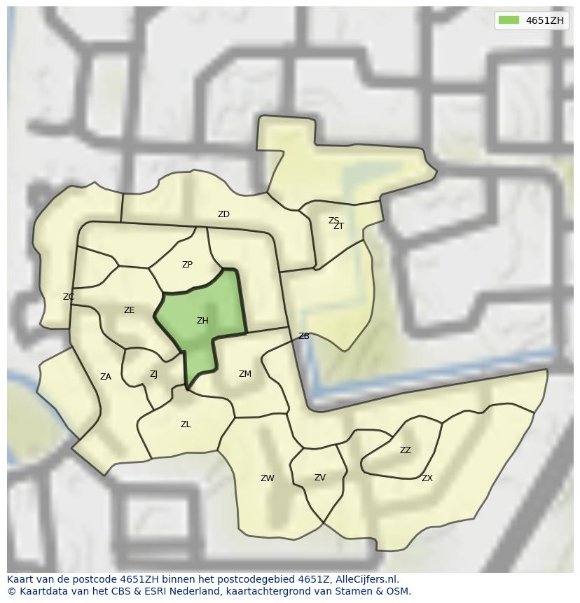 Afbeelding van het postcodegebied 4651 ZH op de kaart.