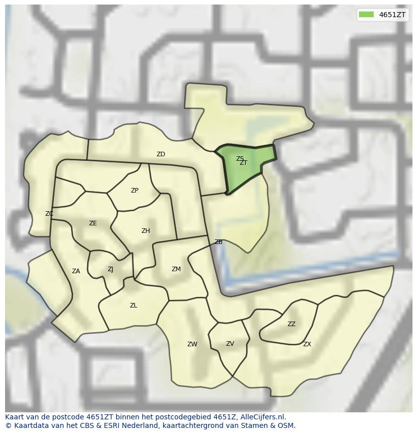 Afbeelding van het postcodegebied 4651 ZT op de kaart.