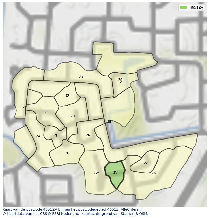 Afbeelding van het postcodegebied 4651 ZV op de kaart.