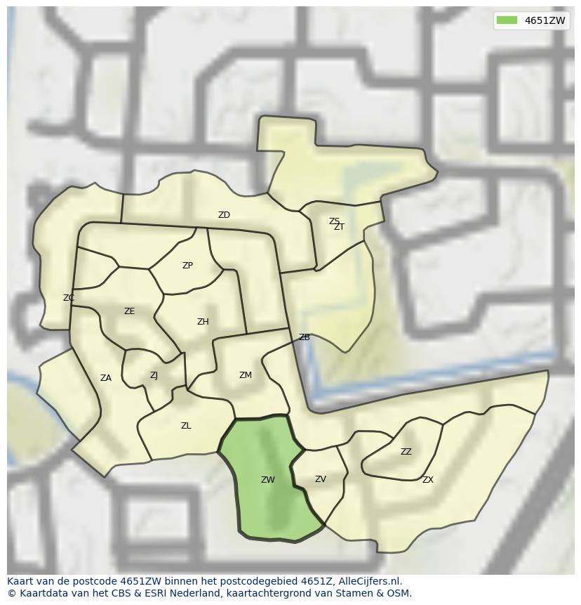 Afbeelding van het postcodegebied 4651 ZW op de kaart.