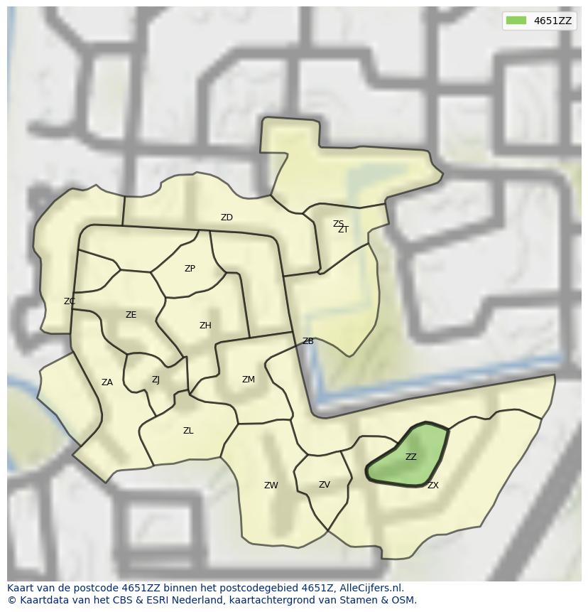 Afbeelding van het postcodegebied 4651 ZZ op de kaart.