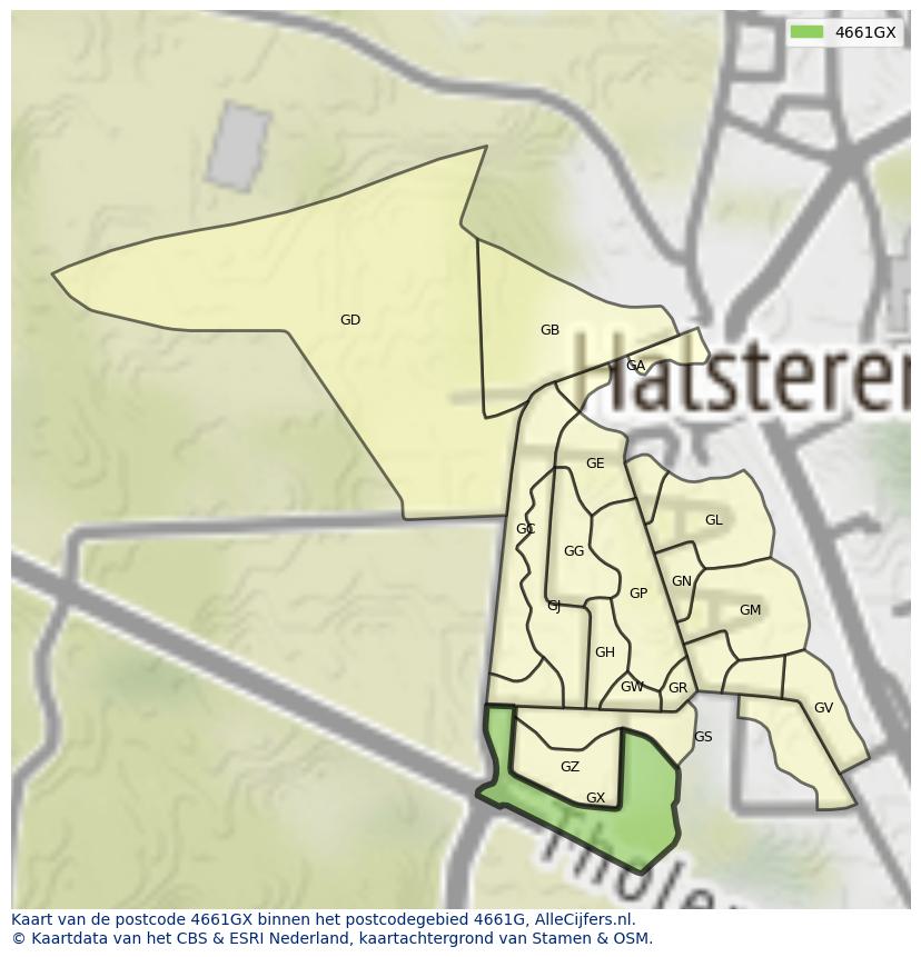 Afbeelding van het postcodegebied 4661 GX op de kaart.