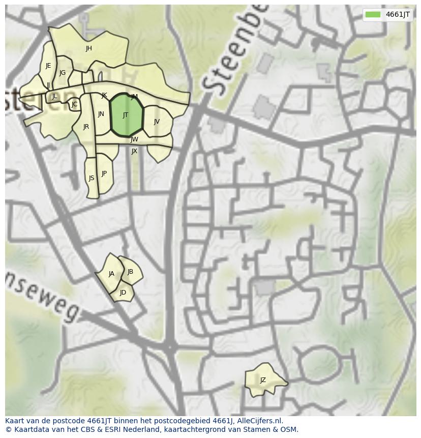 Afbeelding van het postcodegebied 4661 JT op de kaart.