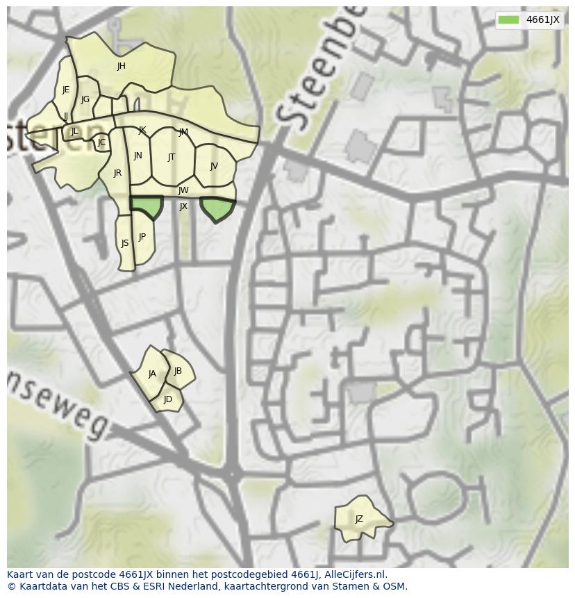 Afbeelding van het postcodegebied 4661 JX op de kaart.